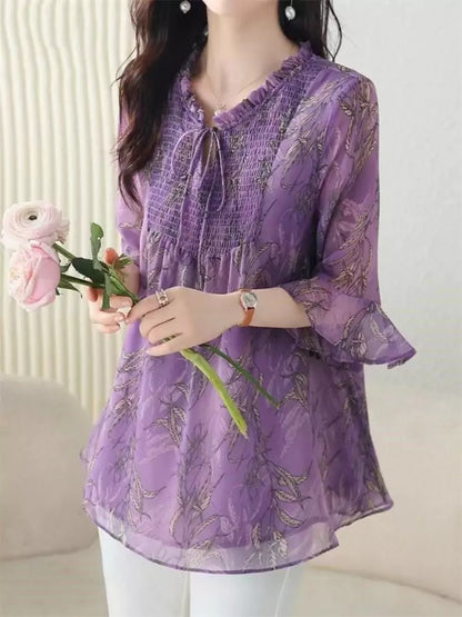 Floral Print Plus Size Ruffle Chiffon Blouse Bell Sleeve