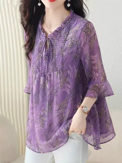 Floral Print Plus Size Ruffle Chiffon Blouse Bell Sleeve
