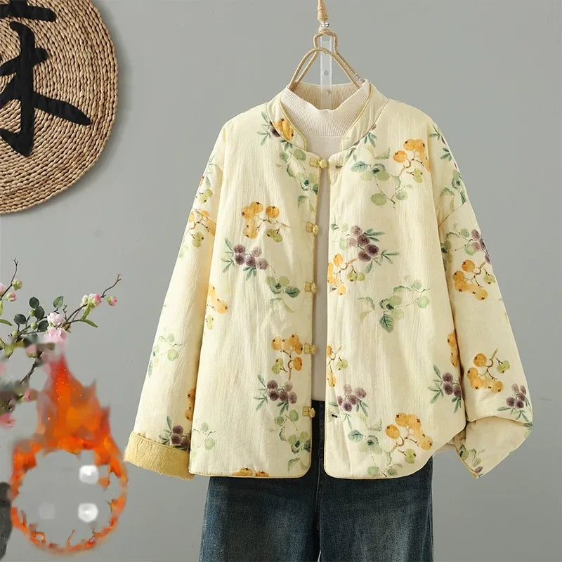 Floral Print Quilted Mandarin Collar Jacket