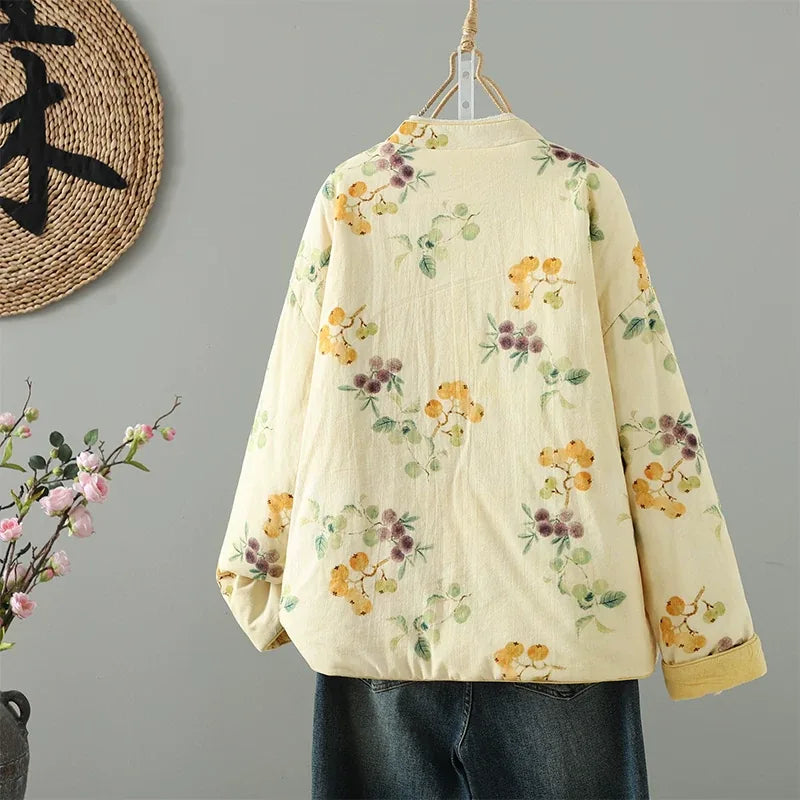 Floral Print Quilted Mandarin Collar Jacket
