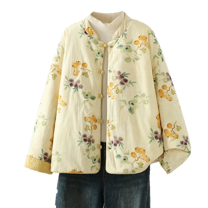 Floral Print Quilted Mandarin Collar Jacket