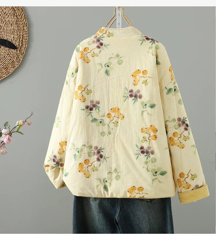 Floral Print Quilted Mandarin Collar Jacket