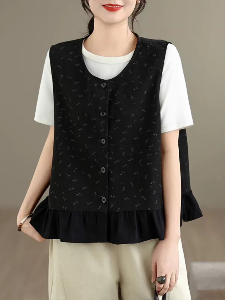 Floral Print Ruffle Hem Sleeveless Button Front Vest