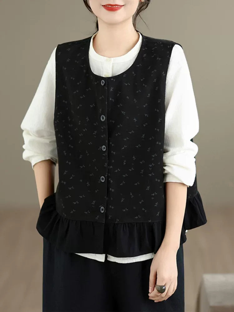 Floral Print Ruffle Hem Sleeveless Button Front Vest