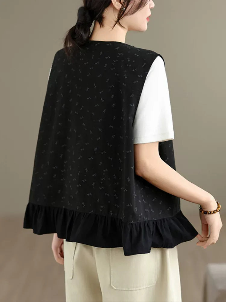 Floral Print Ruffle Hem Sleeveless Button Front Vest