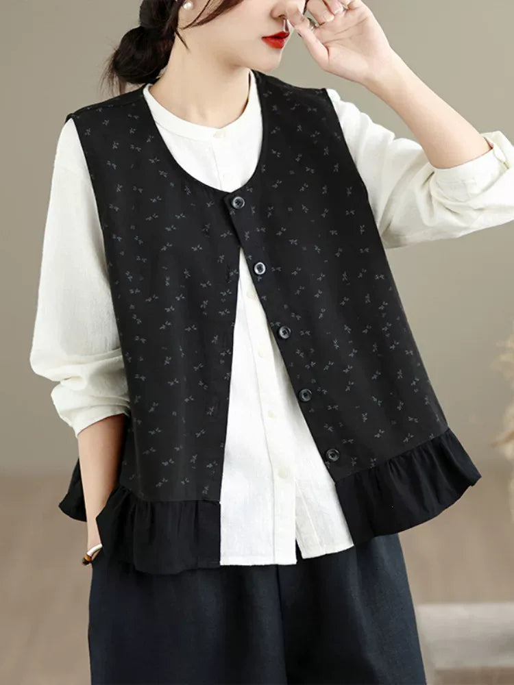 Floral Print Ruffle Hem Sleeveless Button Front Vest