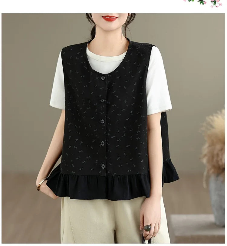 Floral Print Ruffle Hem Sleeveless Button Front Vest