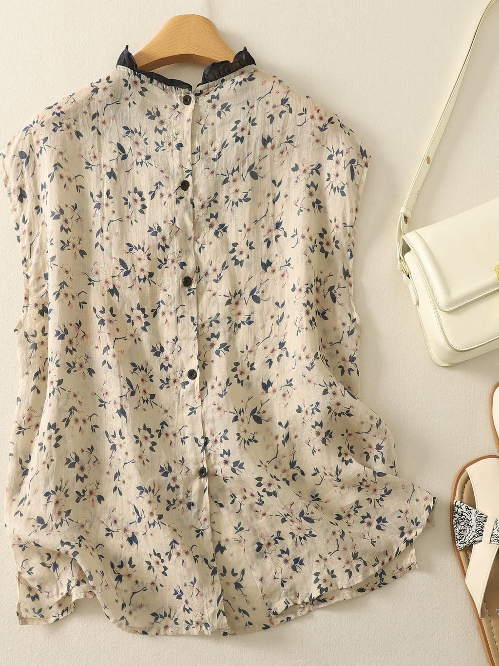 Floral Print Ruffled Trim Button-Front Sleeveless Blouse