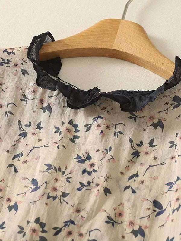 Floral Print Ruffled Trim Button-Front Sleeveless Blouse