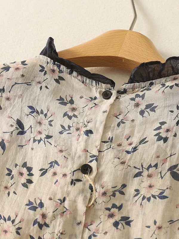 Floral Print Ruffled Trim Button-Front Sleeveless Blouse