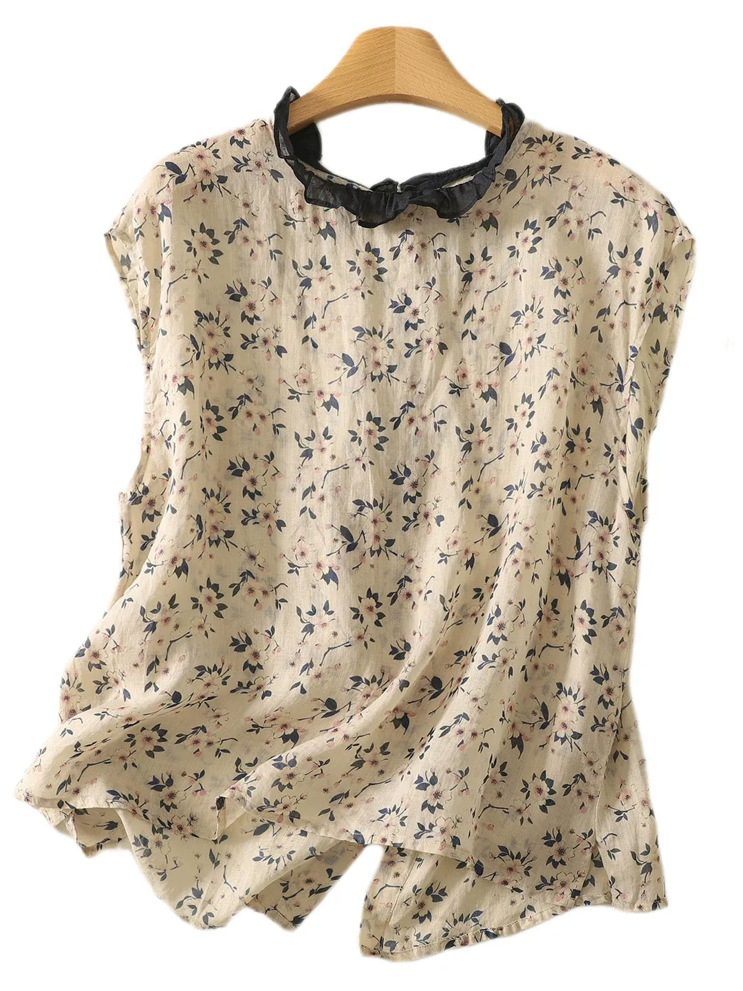 Floral Print Ruffled Trim Button-Front Sleeveless Blouse