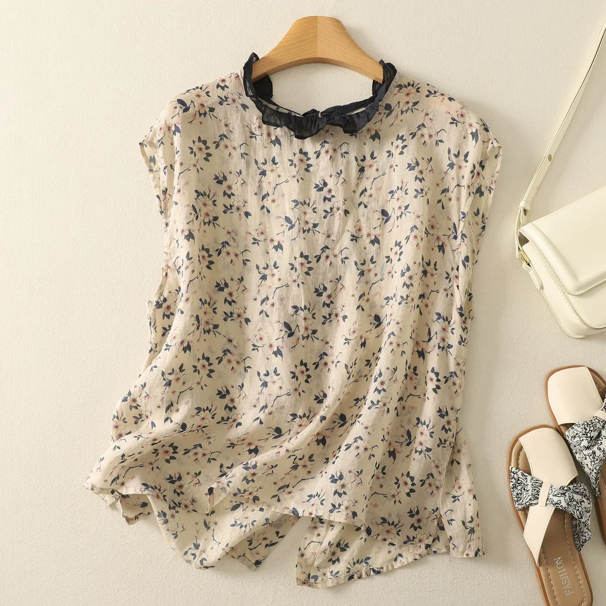 Floral Print Ruffled Trim Button-Front Sleeveless Blouse