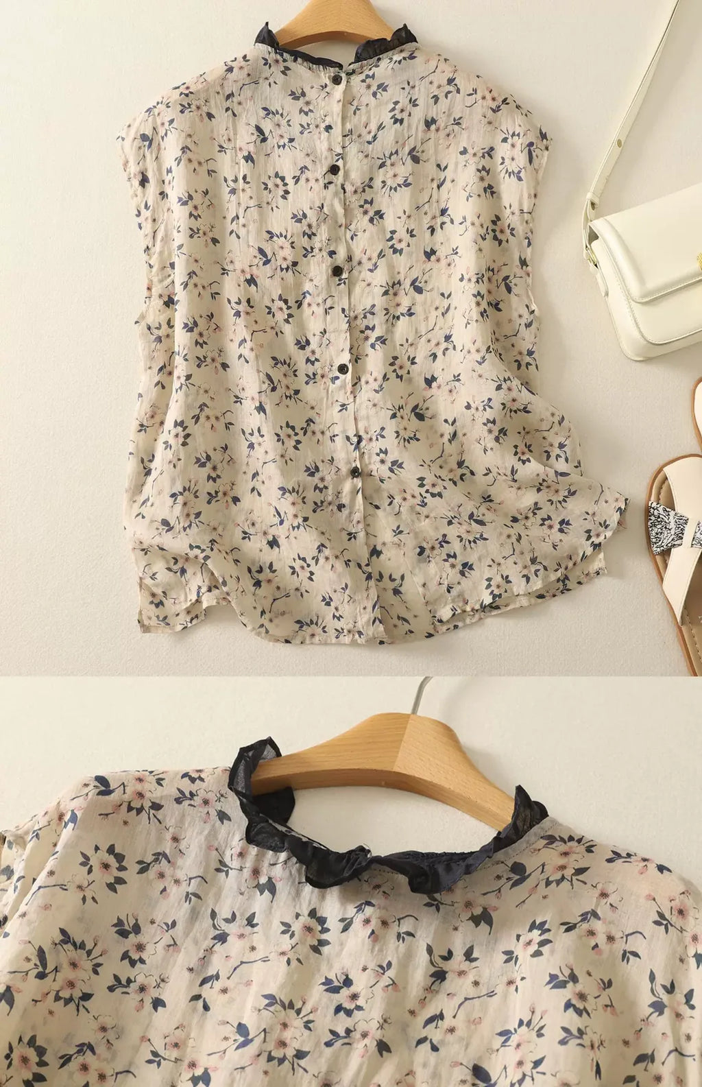 Floral Print Ruffled Trim Button-Front Sleeveless Blouse