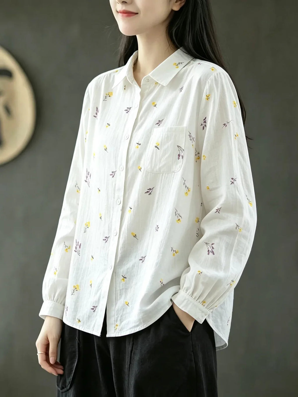 Floral Print Shirt Collar Long Sleeve Cotton Gauze Blouse