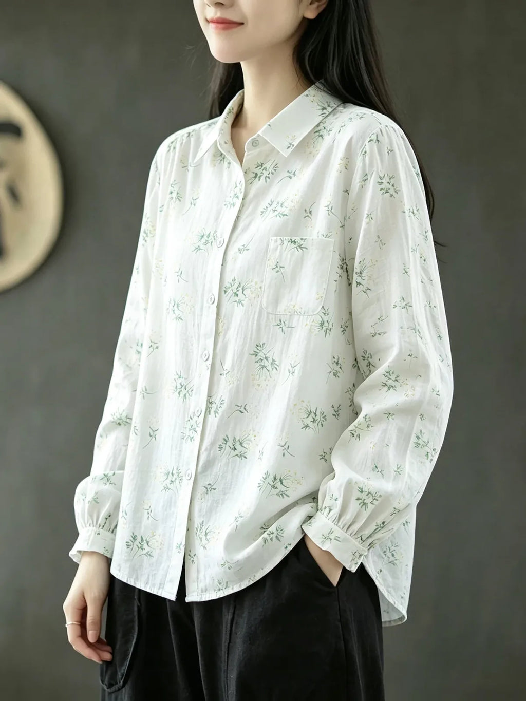 Floral Print Shirt Collar Long Sleeve Cotton Gauze Blouse