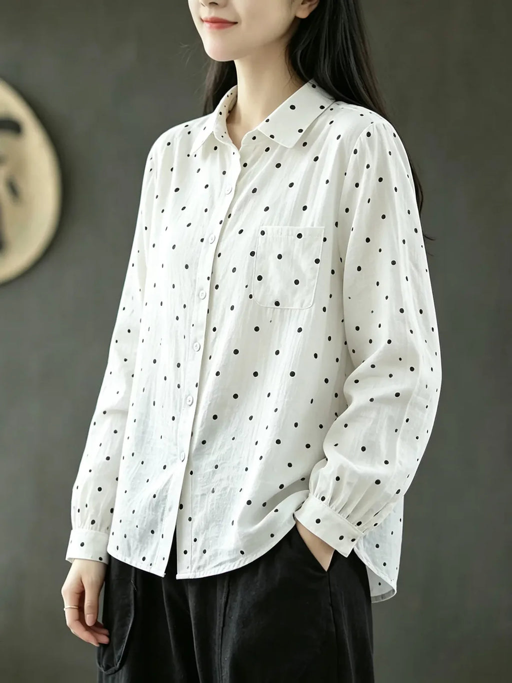 Floral Print Shirt Collar Long Sleeve Cotton Gauze Blouse