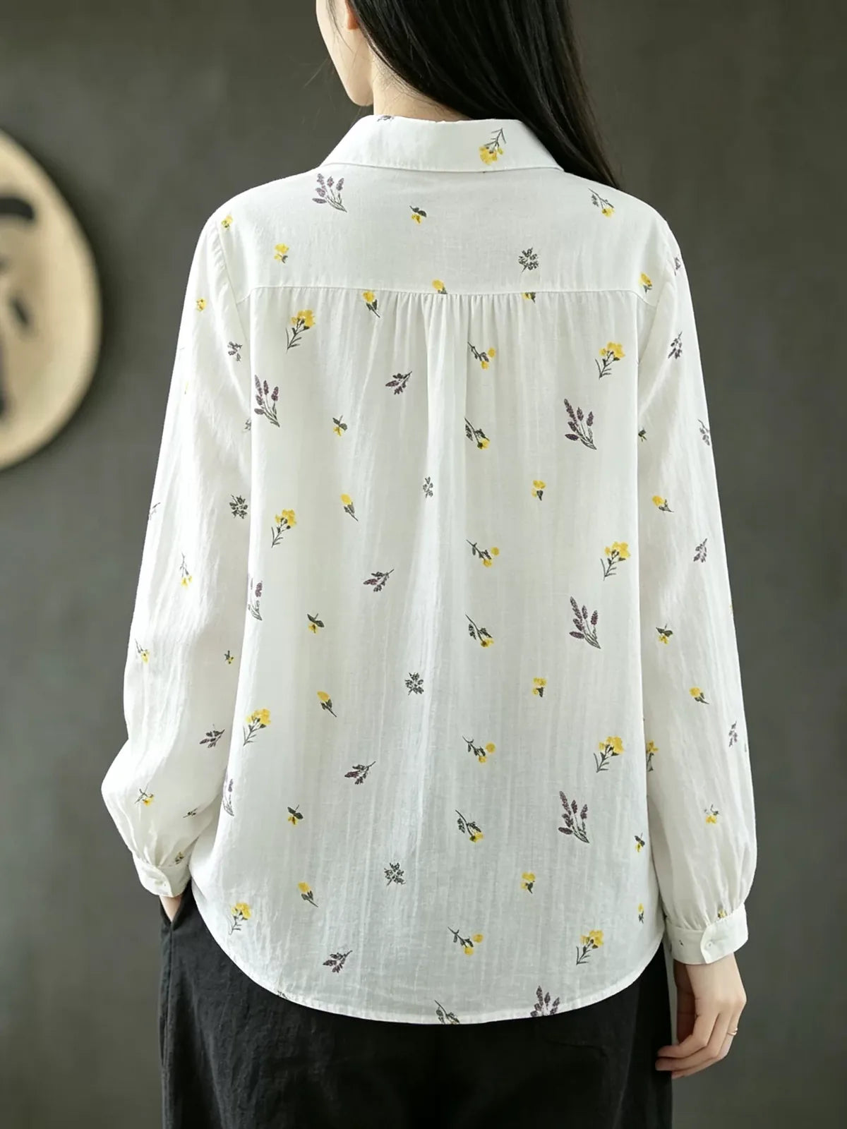 Floral Print Shirt Collar Long Sleeve Cotton Gauze Blouse