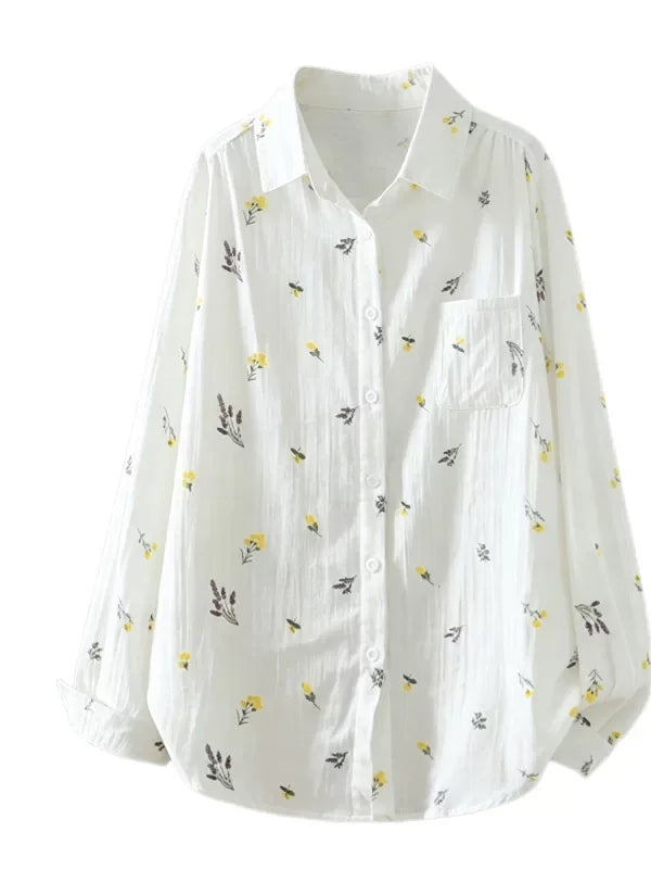 Floral Print Shirt Collar Long Sleeve Cotton Gauze Blouse