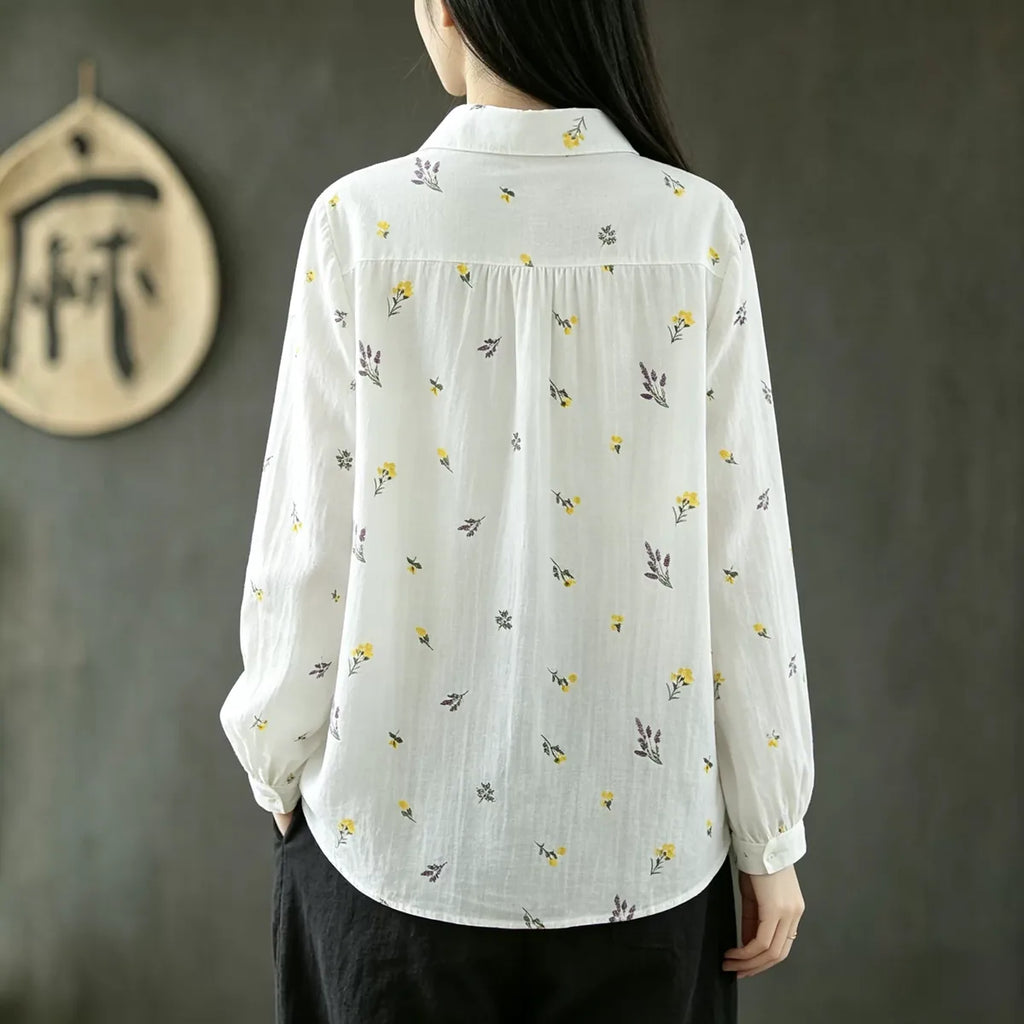 Floral Print Shirt Collar Long Sleeve Cotton Gauze Blouse