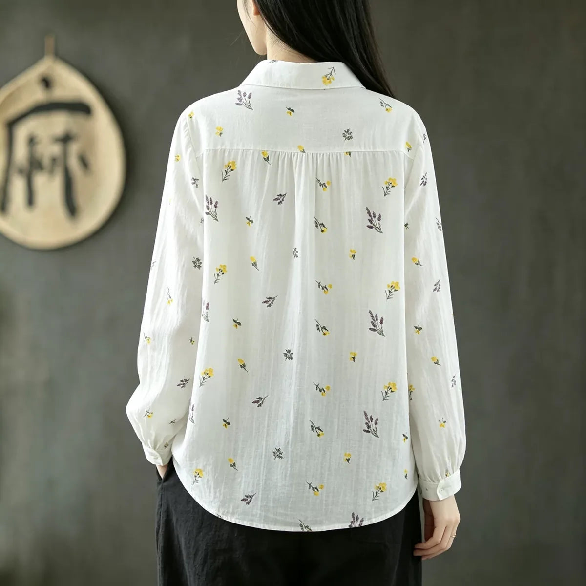 Floral Print Shirt Collar Long Sleeve Cotton Gauze Blouse