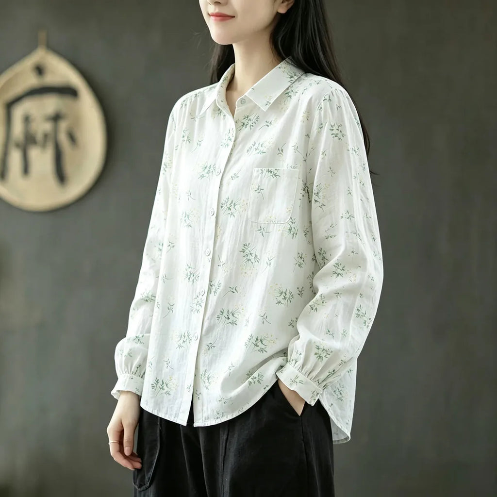 Floral Print Shirt Collar Long Sleeve Cotton Gauze Blouse