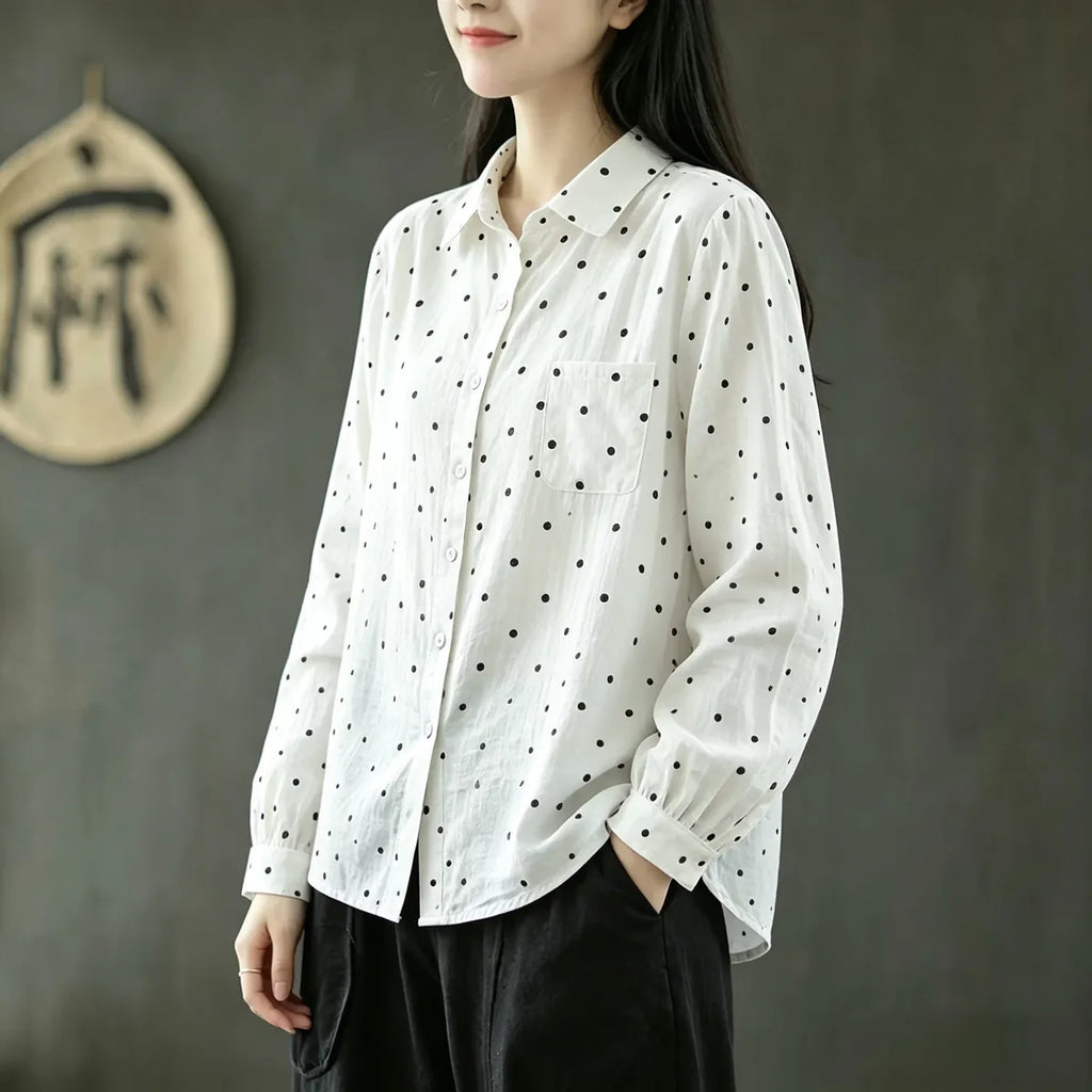 Floral Print Shirt Collar Long Sleeve Cotton Gauze Blouse