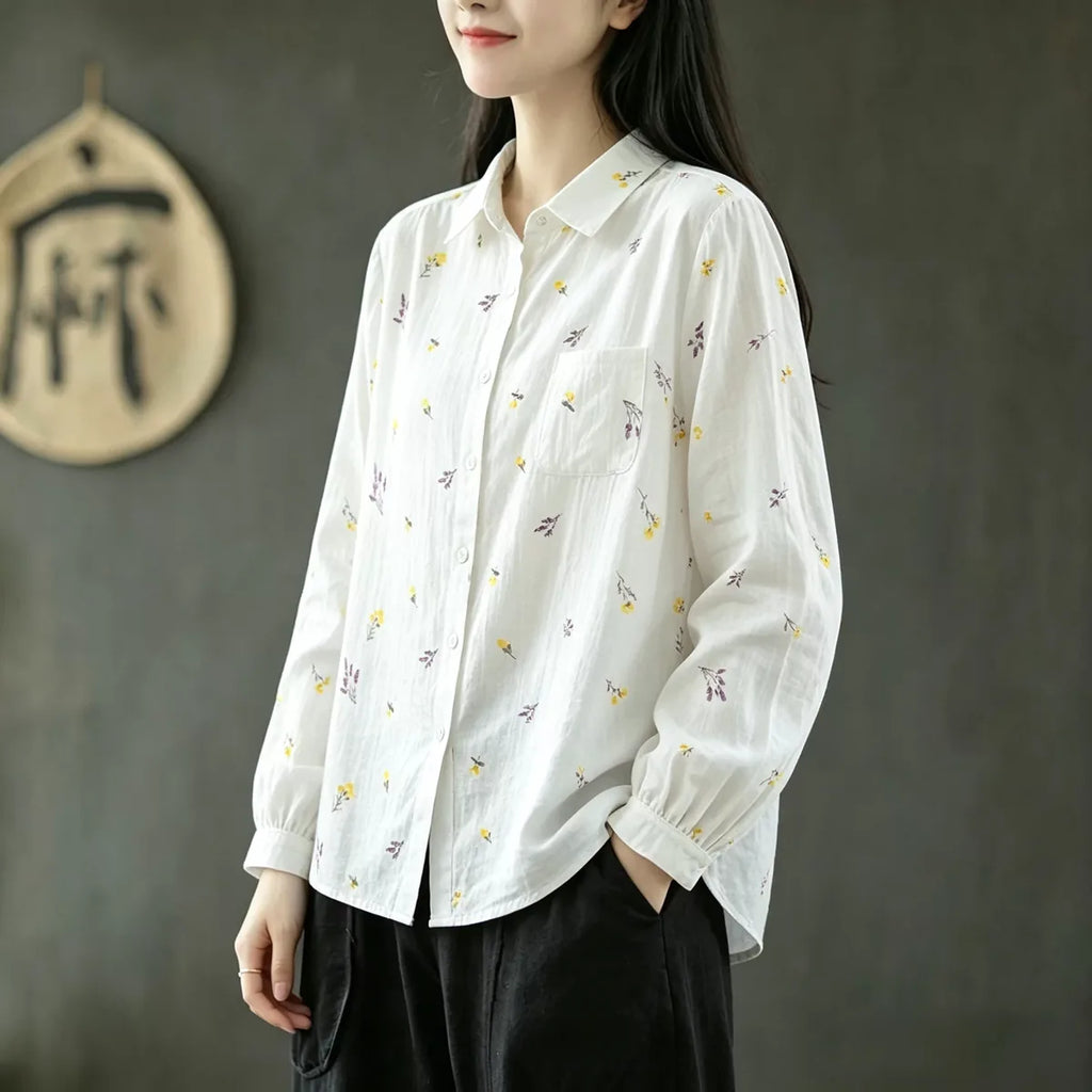 Floral Print Shirt Collar Long Sleeve Cotton Gauze Blouse