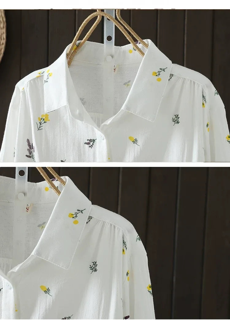Floral Print Shirt Collar Long Sleeve Cotton Gauze Blouse
