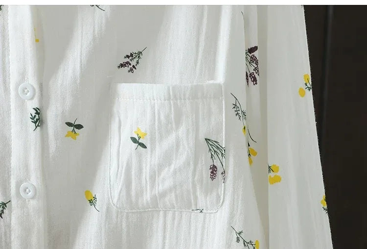 Floral Print Shirt Collar Long Sleeve Cotton Gauze Blouse