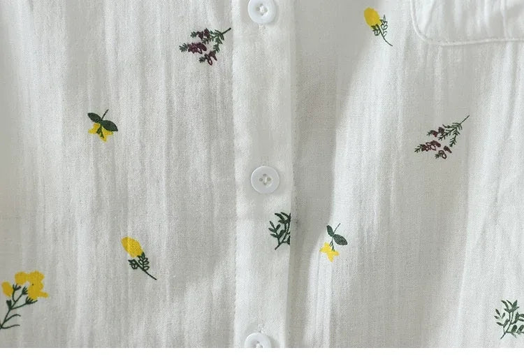 Floral Print Shirt Collar Long Sleeve Cotton Gauze Blouse