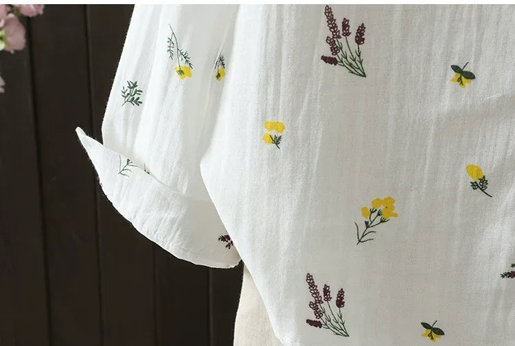 Floral Print Shirt Collar Long Sleeve Cotton Gauze Blouse