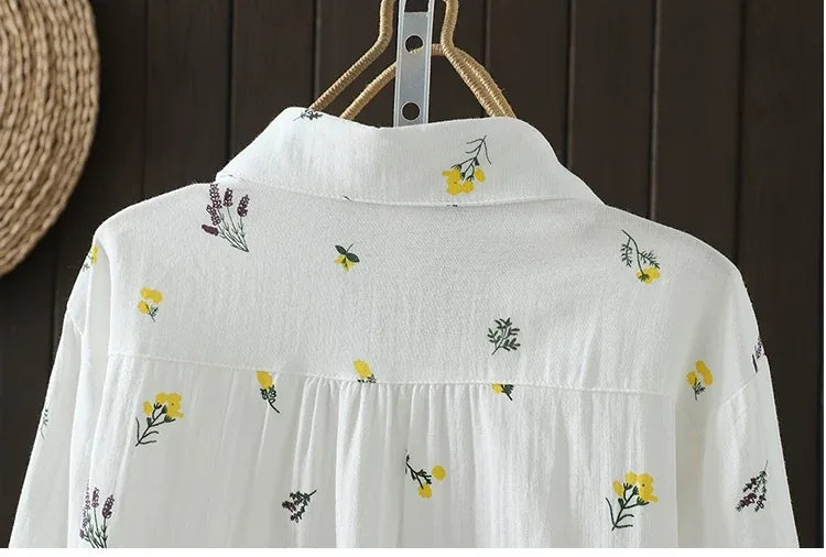 Floral Print Shirt Collar Long Sleeve Cotton Gauze Blouse