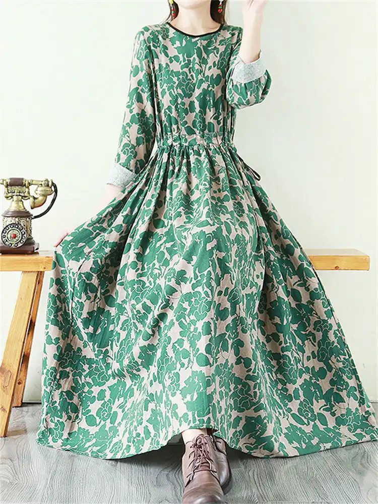 Flowy Floral Print Tie Waist Long Sleeve Linen Maxi Dress