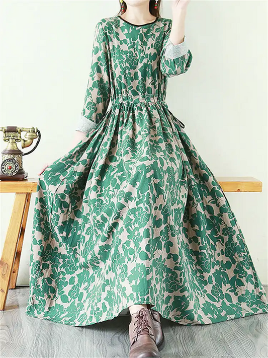 Flowy Floral Print Tie Waist Long Sleeve Linen Maxi Dress