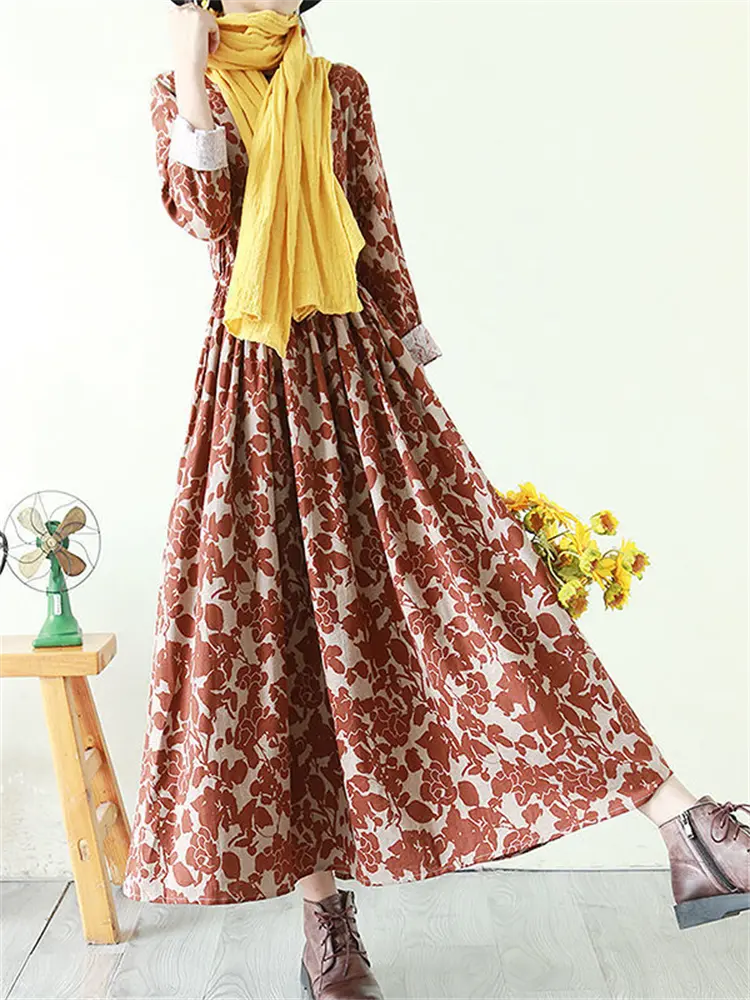 Flowy Floral Print Tie Waist Long Sleeve Linen Maxi Dress