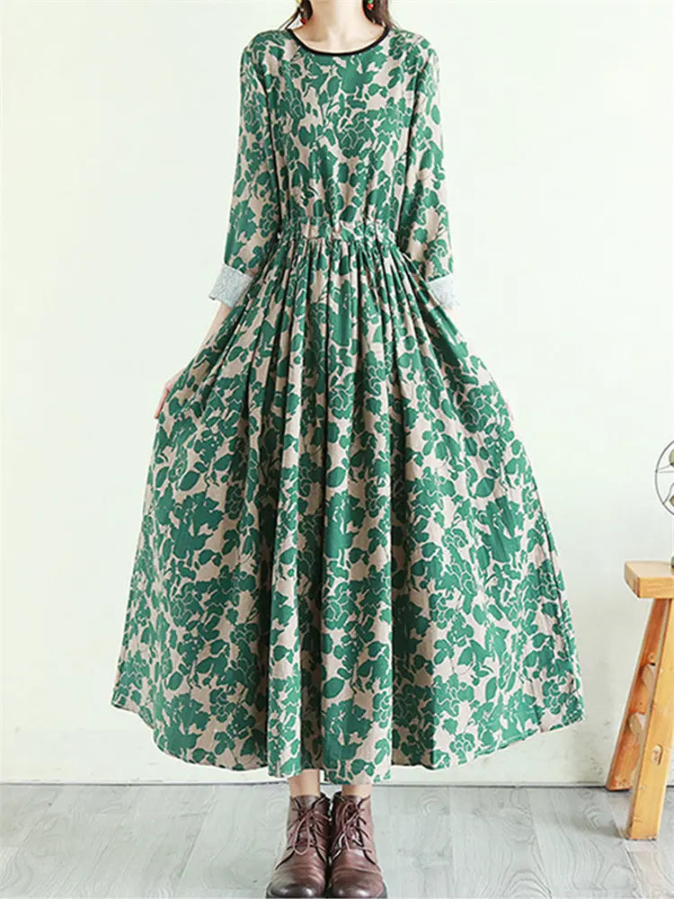 Flowy Floral Print Tie Waist Long Sleeve Linen Maxi Dress