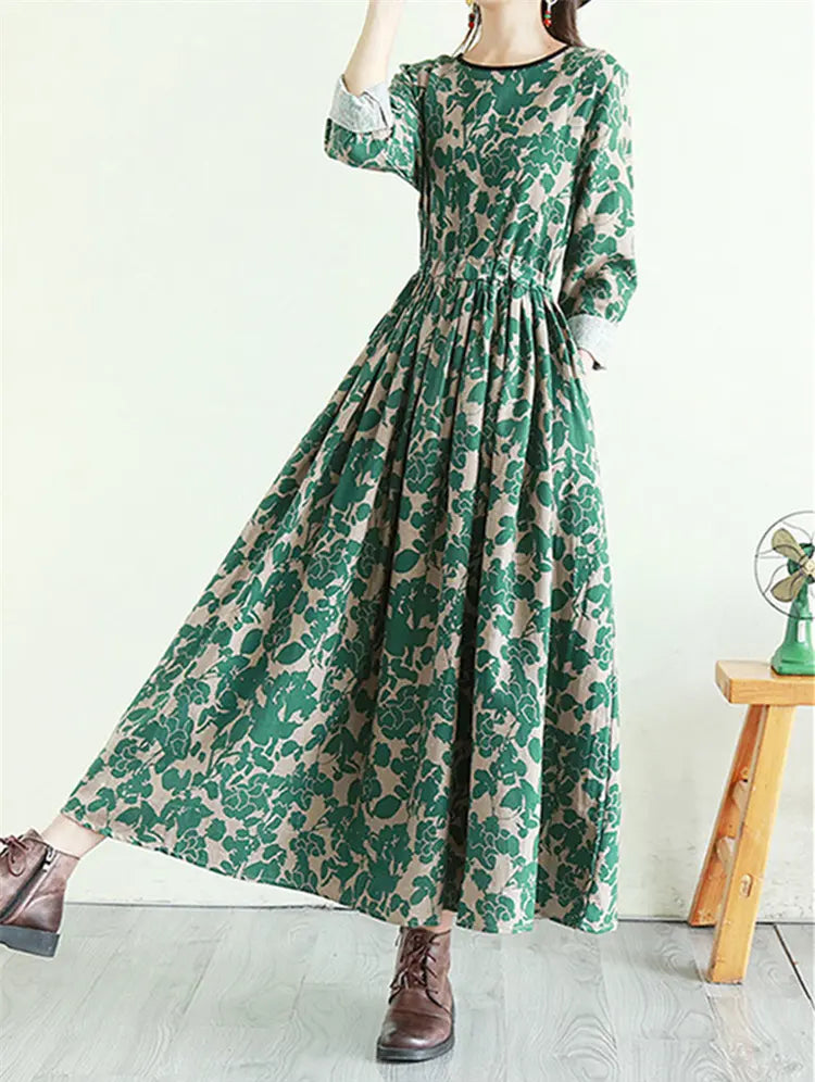 Flowy Floral Print Tie Waist Long Sleeve Linen Maxi Dress