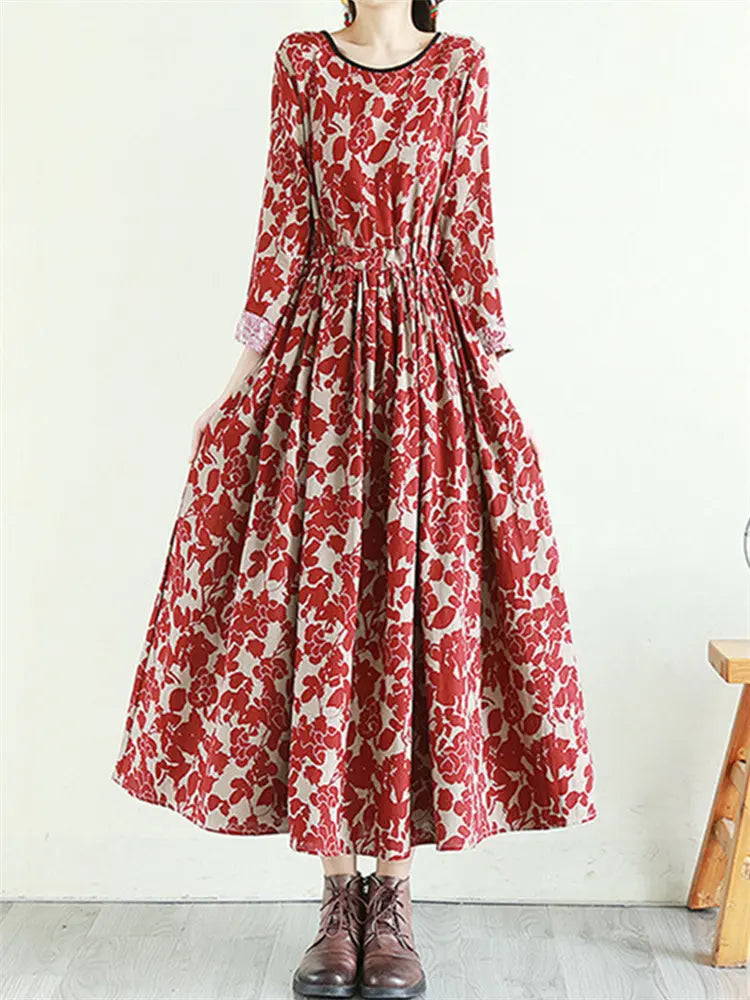 Flowy Floral Print Tie Waist Long Sleeve Linen Maxi Dress