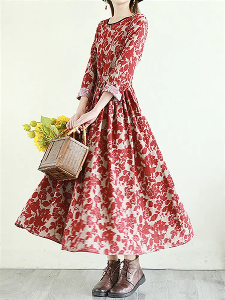 Flowy Floral Print Tie Waist Long Sleeve Linen Maxi Dress