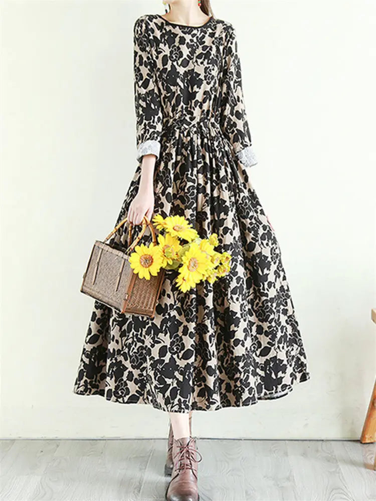 Flowy Floral Print Tie Waist Long Sleeve Linen Maxi Dress