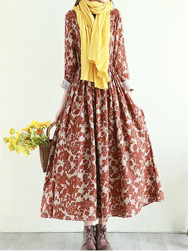 Flowy Floral Print Tie Waist Long Sleeve Linen Maxi Dress