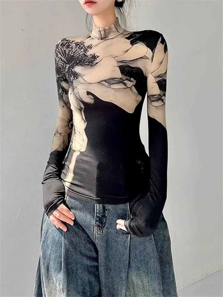 Floral Printed Retro High Neck Long Sleeve Tee