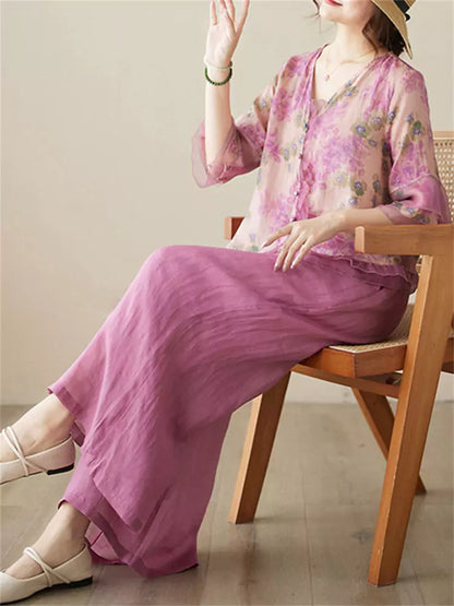 Conjunto de camisa y pantalón de lino con ramio floral: blusa de manga 3/4 y pantalón ancho.