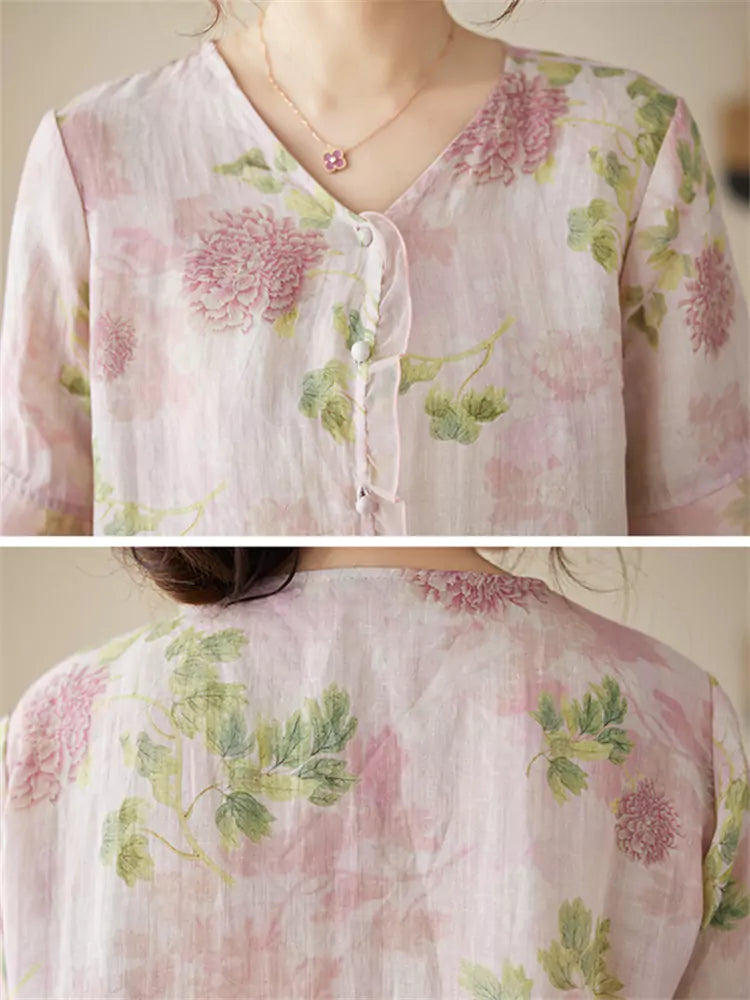 Conjunto de camisa y pantalón de lino con ramio floral: blusa de manga 3/4 y pantalón ancho.