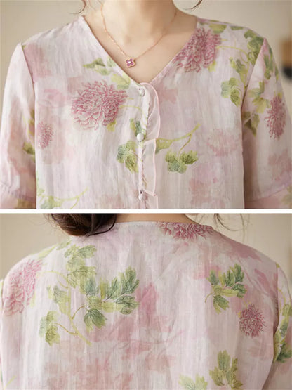 Conjunto de camisa y pantalón de lino con ramio floral: blusa de manga 3/4 y pantalón ancho.