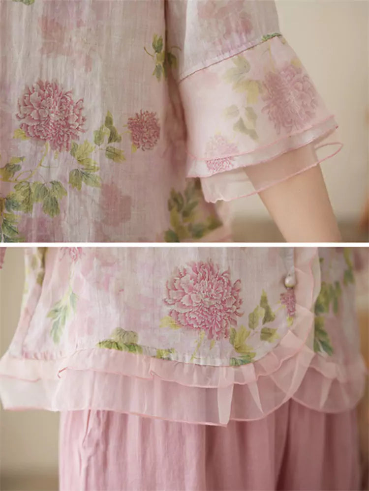 Conjunto de camisa y pantalón de lino con ramio floral: blusa de manga 3/4 y pantalón ancho.