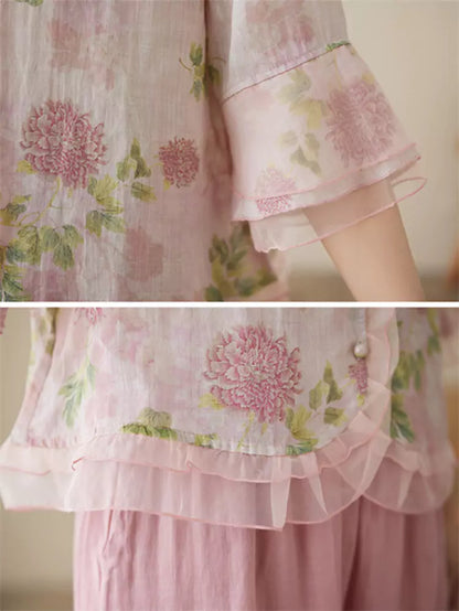 Conjunto de camisa y pantalón de lino con ramio floral: blusa de manga 3/4 y pantalón ancho.