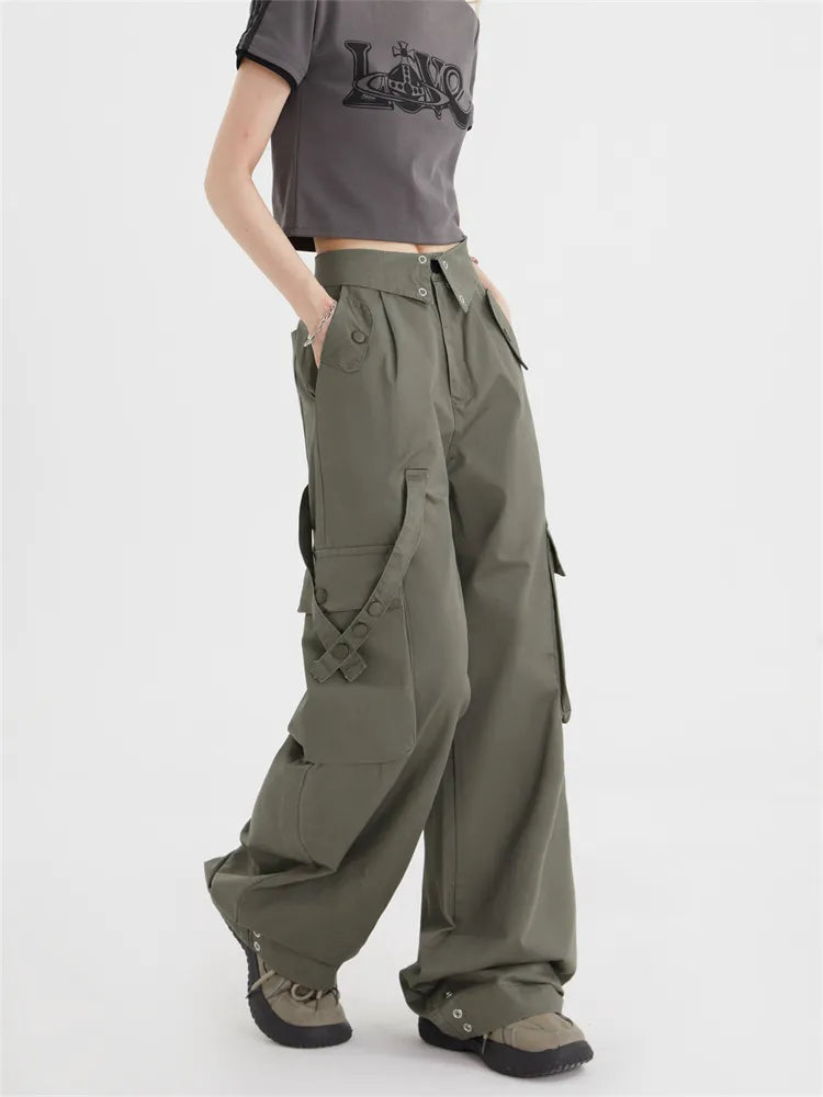 Fold Over Waist Straight Leg Cargo Pants