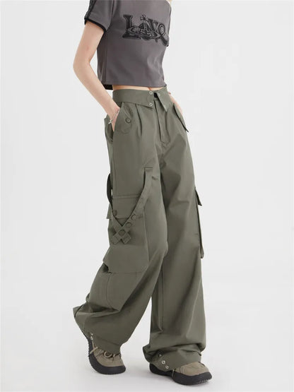 Pantalones cargo de pierna recta con cintura plegable