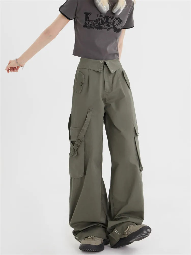 Fold Over Waist Straight Leg Cargo Pants